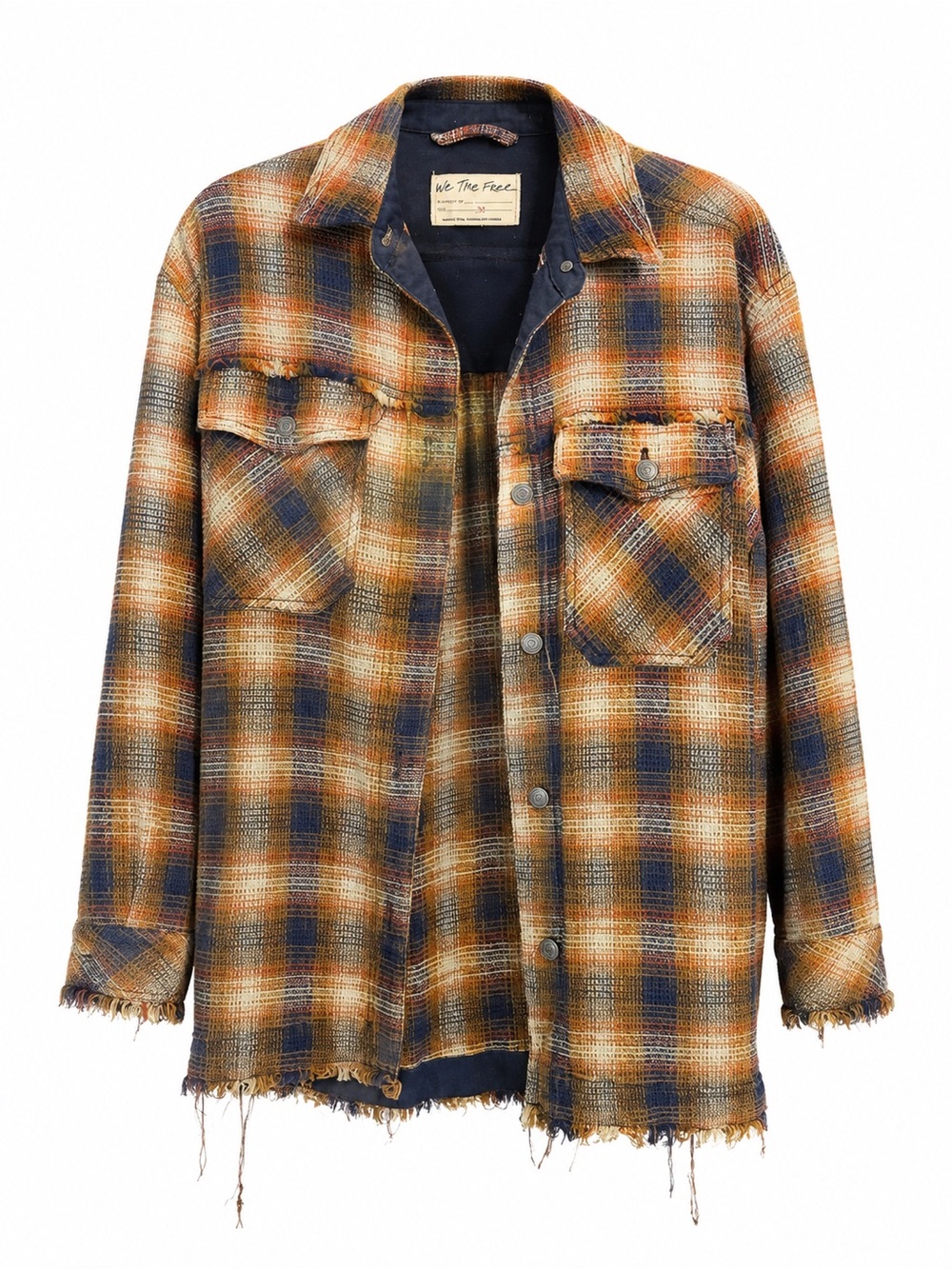Free People Orange and Navy Plaid Button-Down Shacket